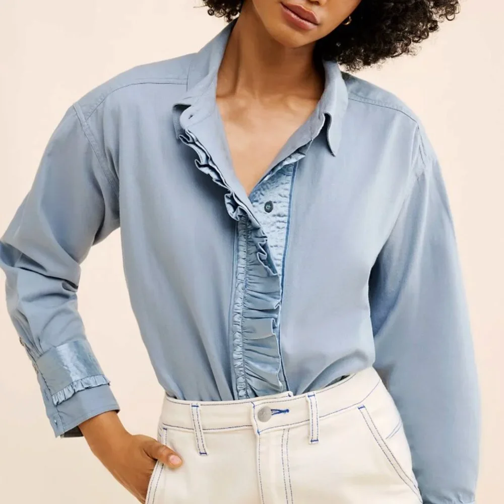NWT We The Free Night Moves Shirt Blouse Boho Ruffle Blue $148 - Picture 2 of 15